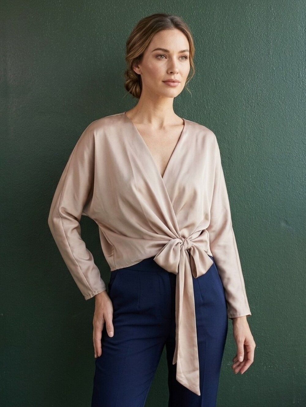 Satin Tie-Front Wrap Blouse - Blush